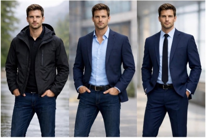 保镖三种着装：休闲夹克配牛仔裤、商务休闲西装外套（blazer）、正式商务西装。