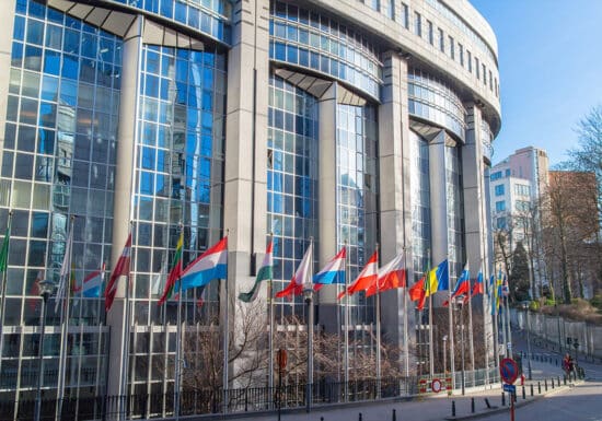 Diplomatic protection Services. European Parliament building with multiple national flags in front.