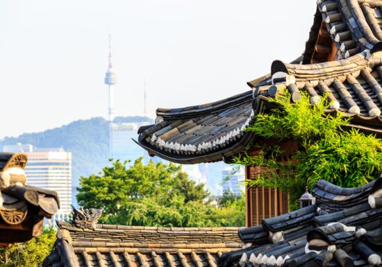 Bodyguard services in Seoul. Traditional Korean rooftops with modern buildings and Namsan Tower in the background in Seoul, South Korea.