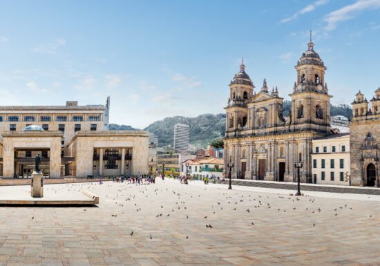 Bodyguard services in Colombia. The historic Plaza de Bolívar in Bogotá, Colombia, with the Primary Cathedral and surrounding buildings in view.