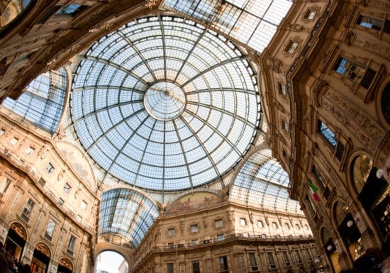 Bodyguard services in Milan. View of the intricate glass dome ceiling of the Galleria Vittorio Emanuele II in Milan, Italy.