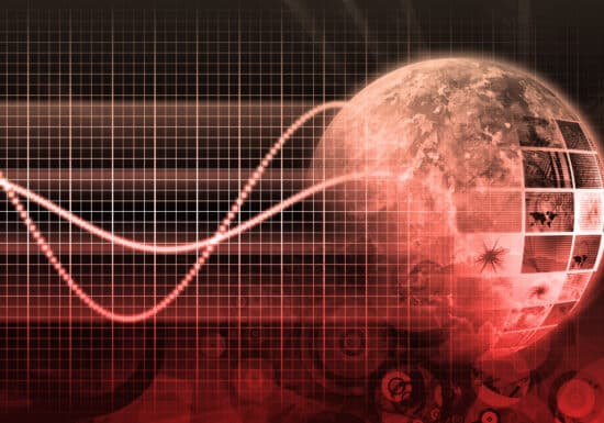 How to Protect yourself against Cybercrime. Abstract digital illustration of a globe with a red grid and data visualizations in the background.