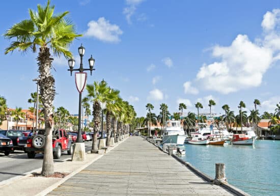 Bodyguard Services in Aruba. A scenic boardwalk lined with palm trees and parked cars, with boats docked in the adjacent waterway.