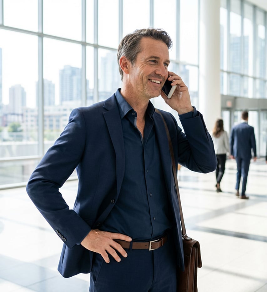 Businessman talking on the phone in a bright terminal with a city view